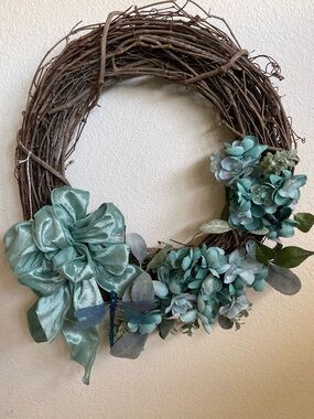 Handmade By Seller Grapevine 18” Wreath w Turquoise Ribbon, Florals + Dragon Fly